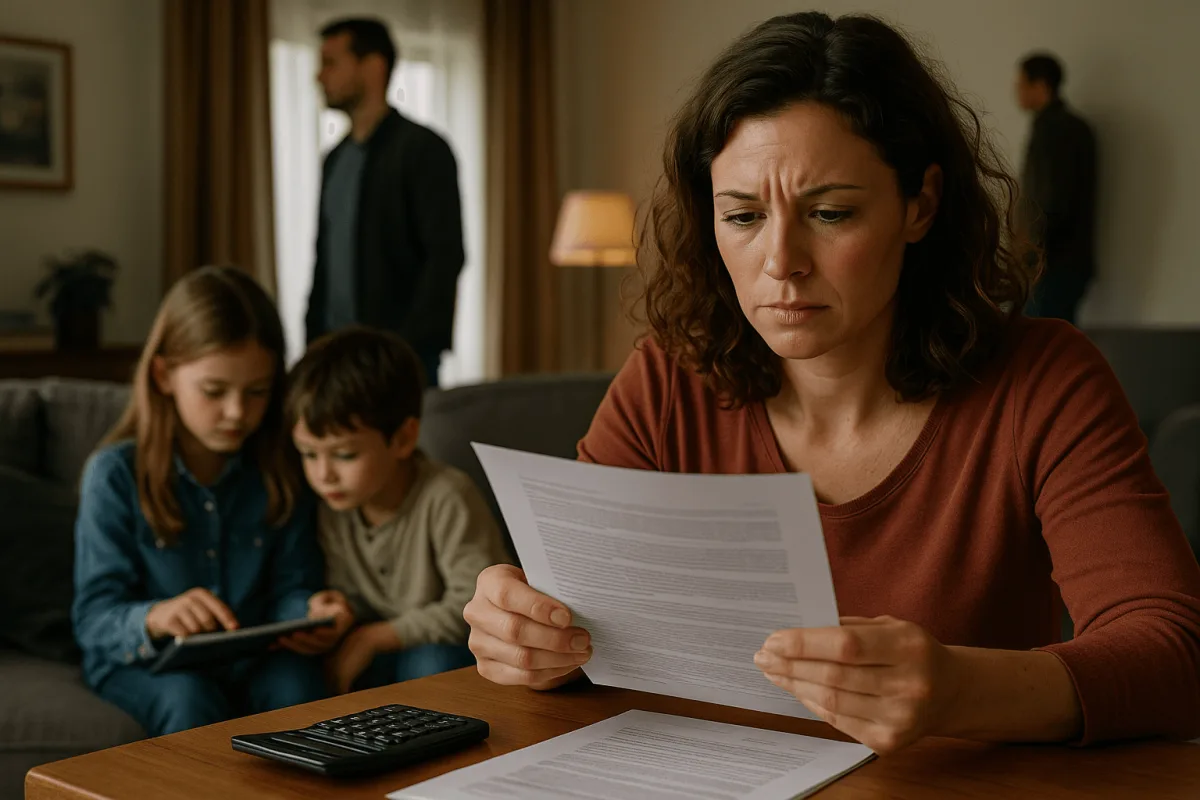 moeder leest document over alimentatie kinderen uitrekenen na scheiding