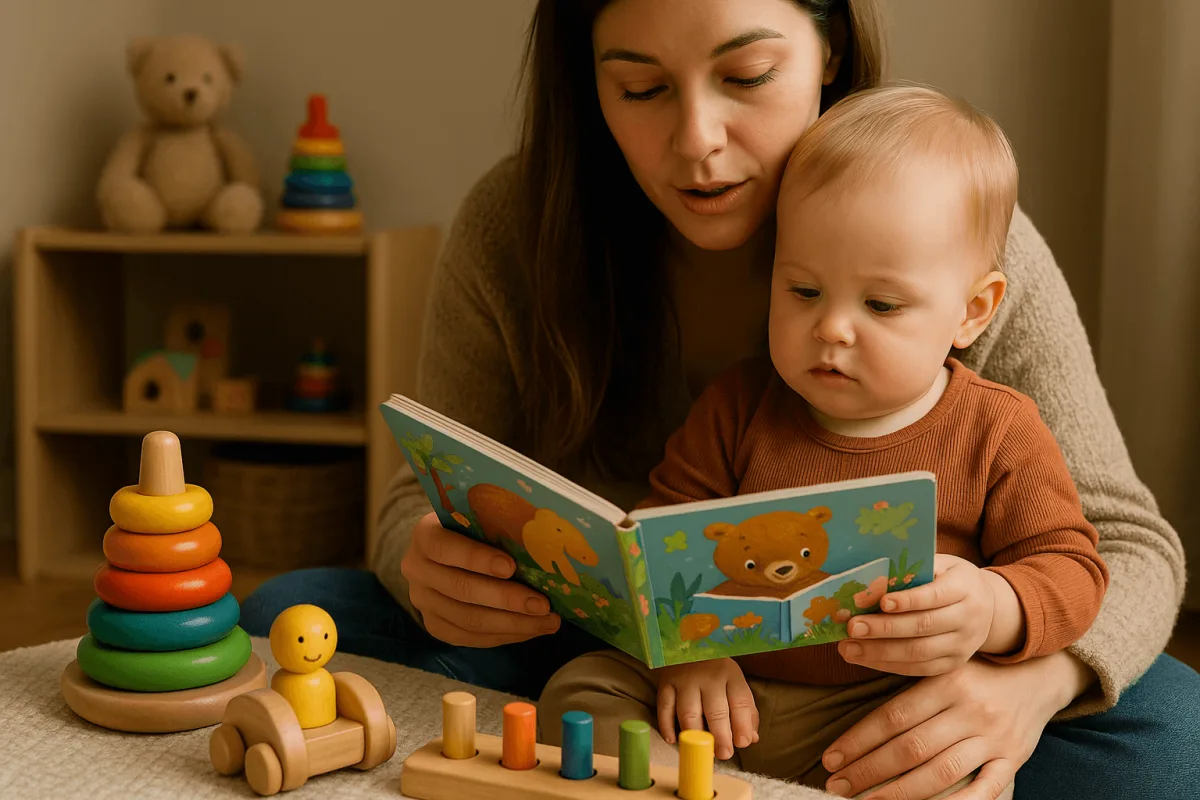 moeder leest prentenboek voor aan 1-jarig kind