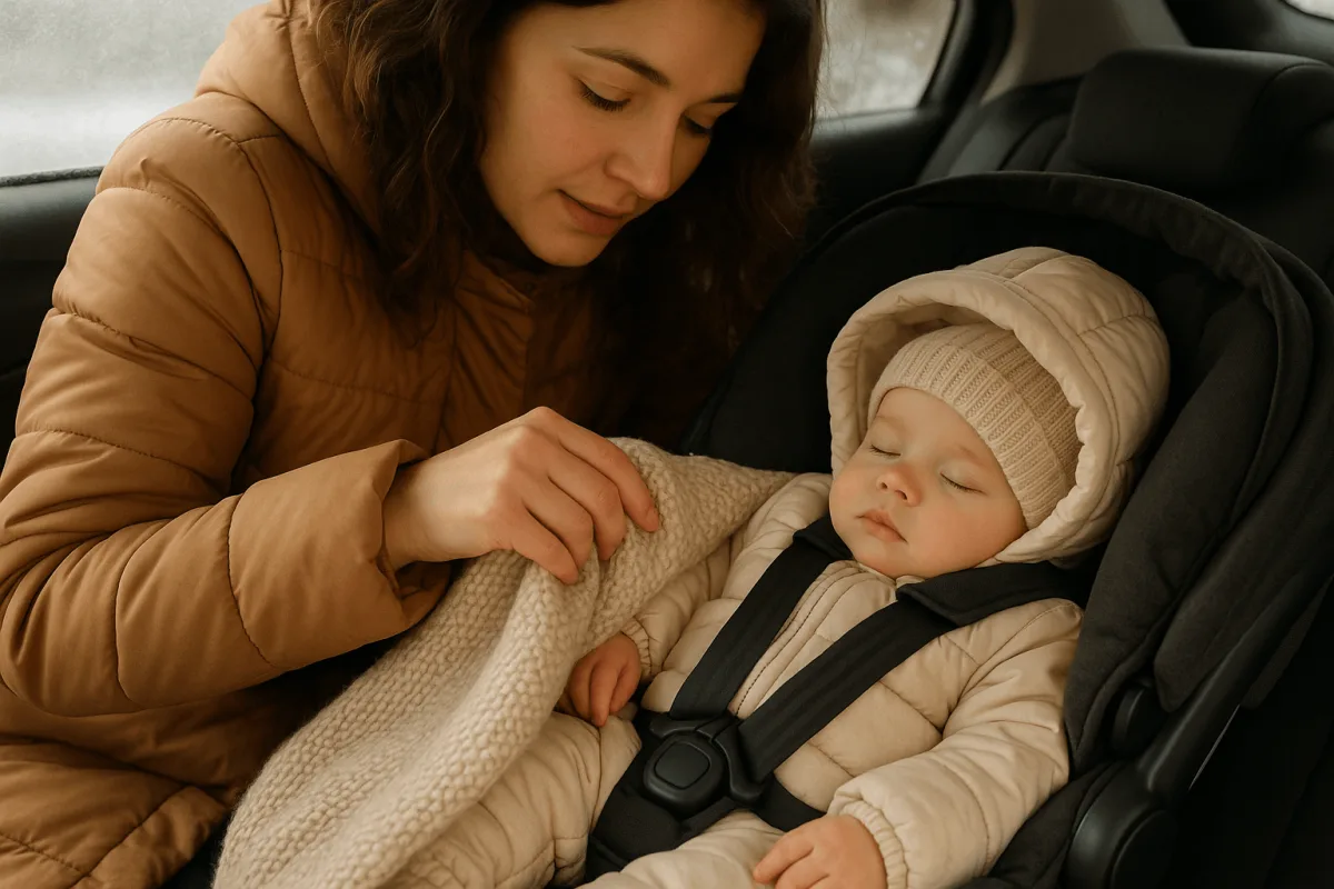 moeder legt deken over baby in autostoel na gordelen winter