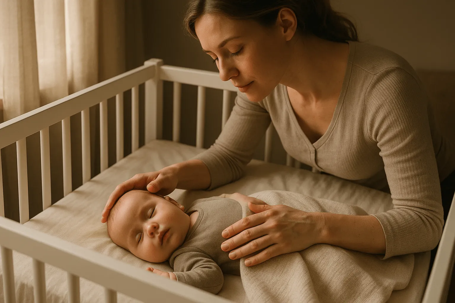 moeder legt slapende baby neer in wieg overdag