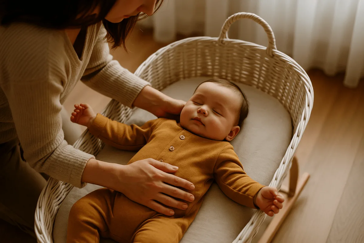 moeder legt slapende baby neer in wiegje overdag, bereik langer slaapt overdag