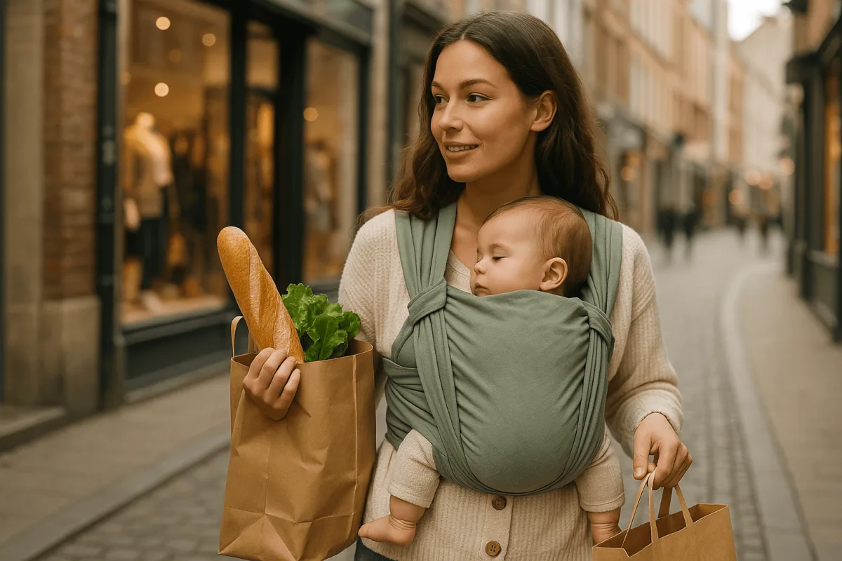 moeder loopt boodschappen met baby in Stokke Limas drager winkelstraat