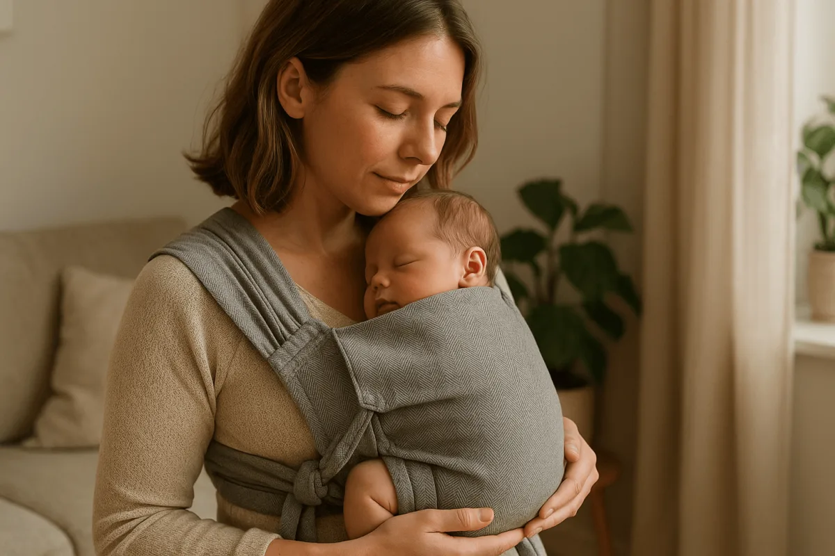 moeder met newborn in ergonomische M-positie in drager thuis