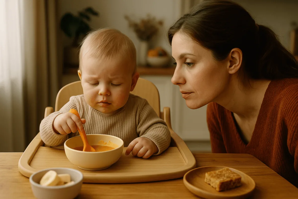 moeder observeert baby eetgedrag tafel thuis