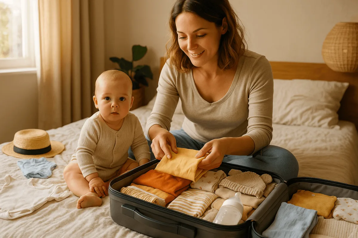 moeder pakt koffer in voor vakantie baby inpakken tips