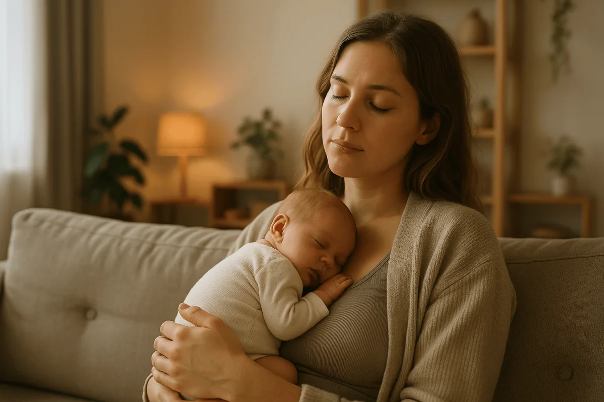 moeder met pasgeboren baby op de borst, rustige thuisomgeving