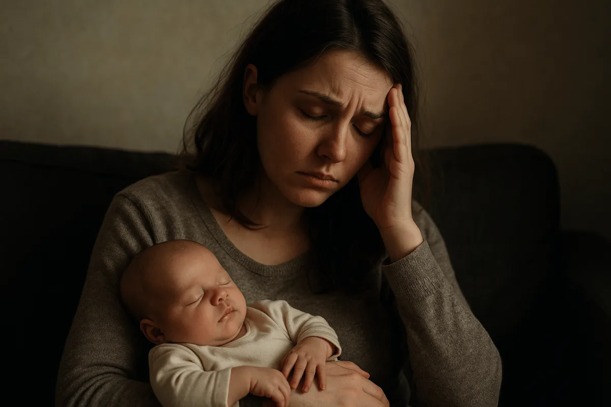 moeder met pasgeboren baby kijkt uitgeput en verdrietig, postnatale depressie