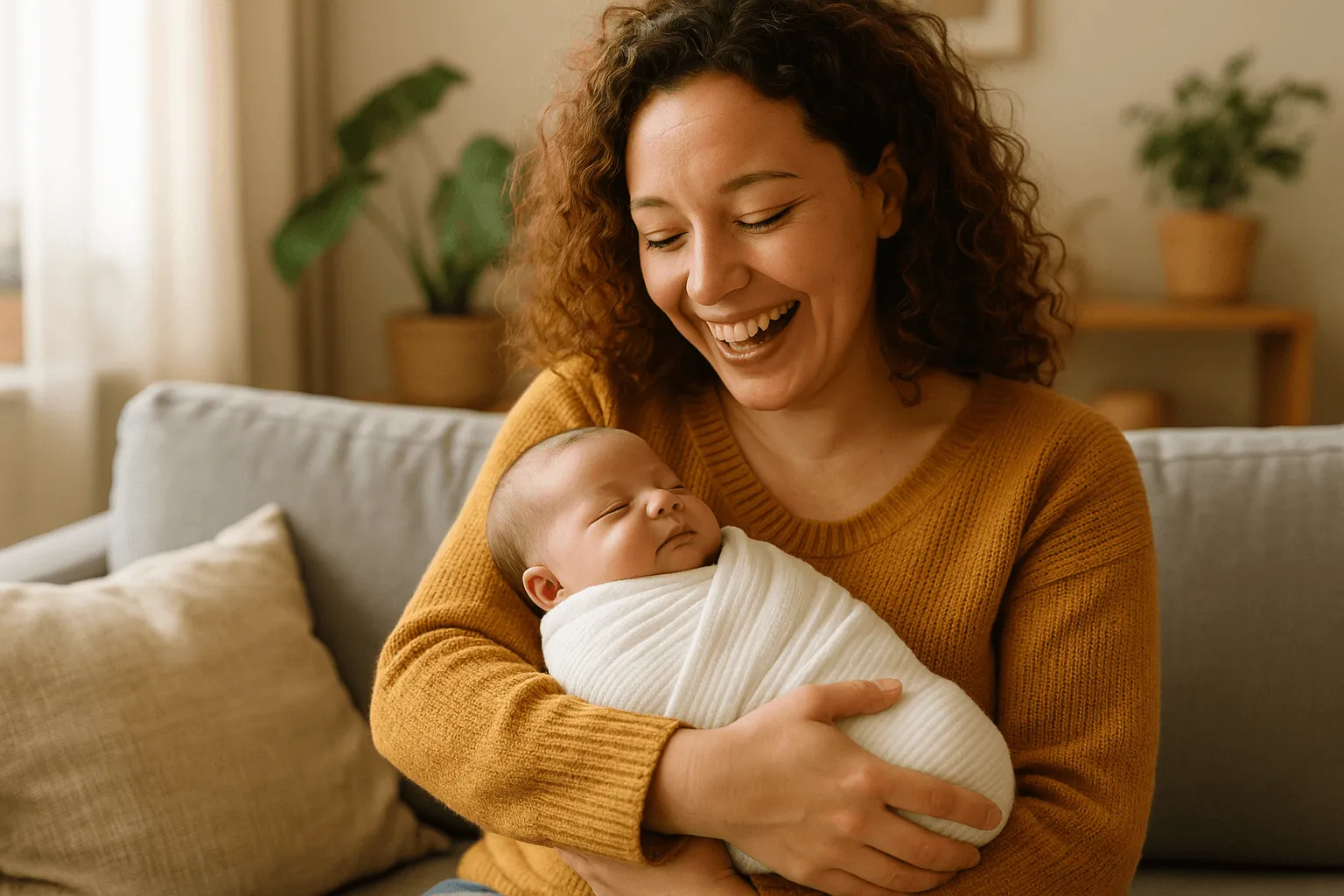 moeder pasgeboren baby knuffelt thuis op de bank vrolijke sfeer