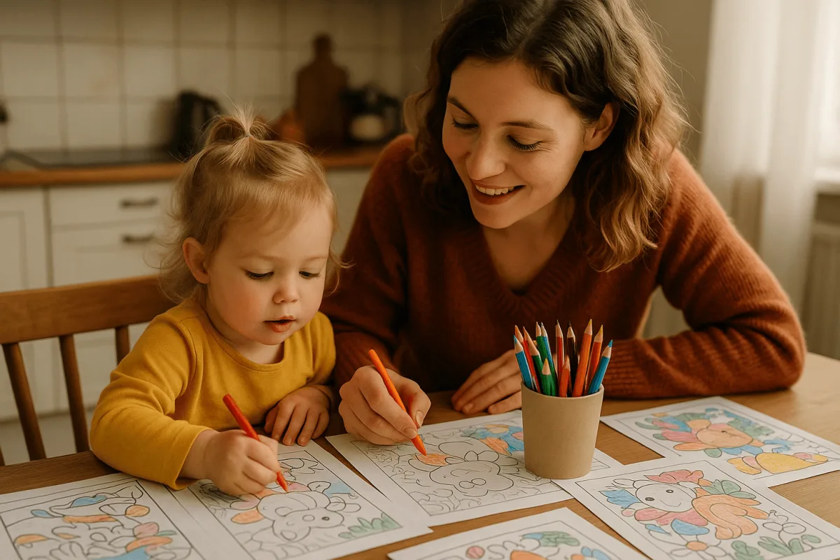 moeder en peuter kleuren samen aan keukentafel zonder tablets of schermen