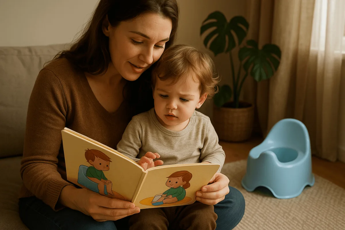 moeder en peuter lezen boekje over potje gaan samen thuis