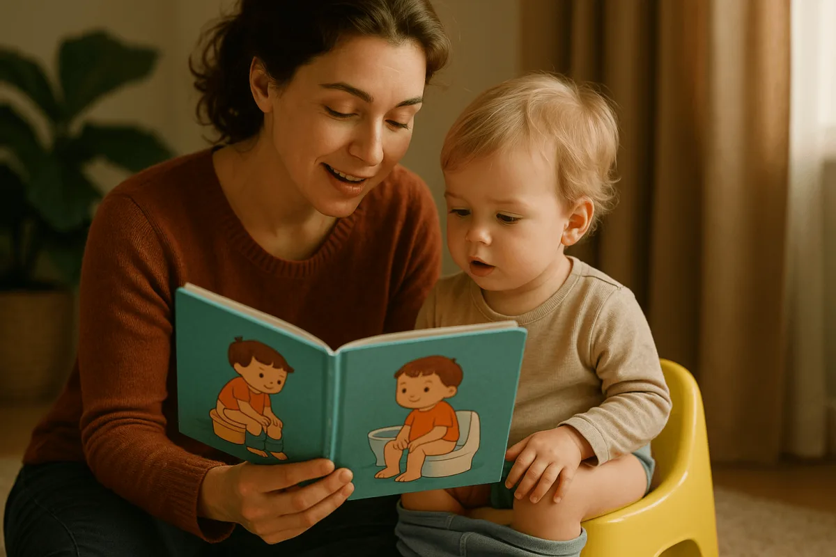 moeder en peuter lezen boekje over zindelijkheid samen