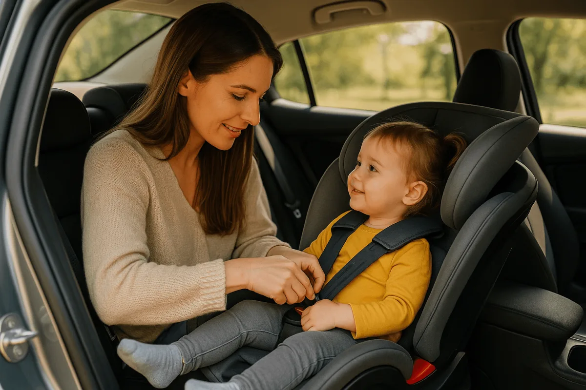 moeder plaatst kind veilig in autostoeltje in auto