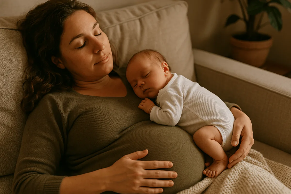 moeder rust uit op de bank met pasgeboren baby kraamtijd