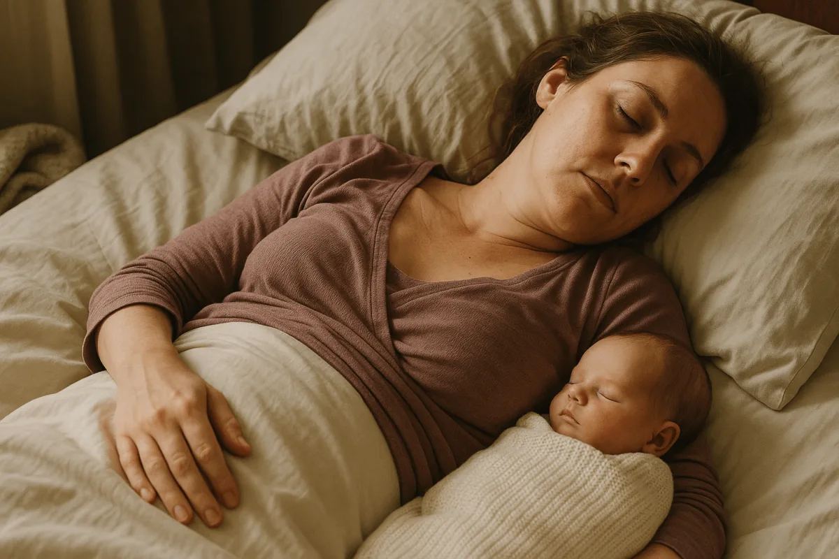 moeder rust uit in bed met pasgeboren baby naast haar