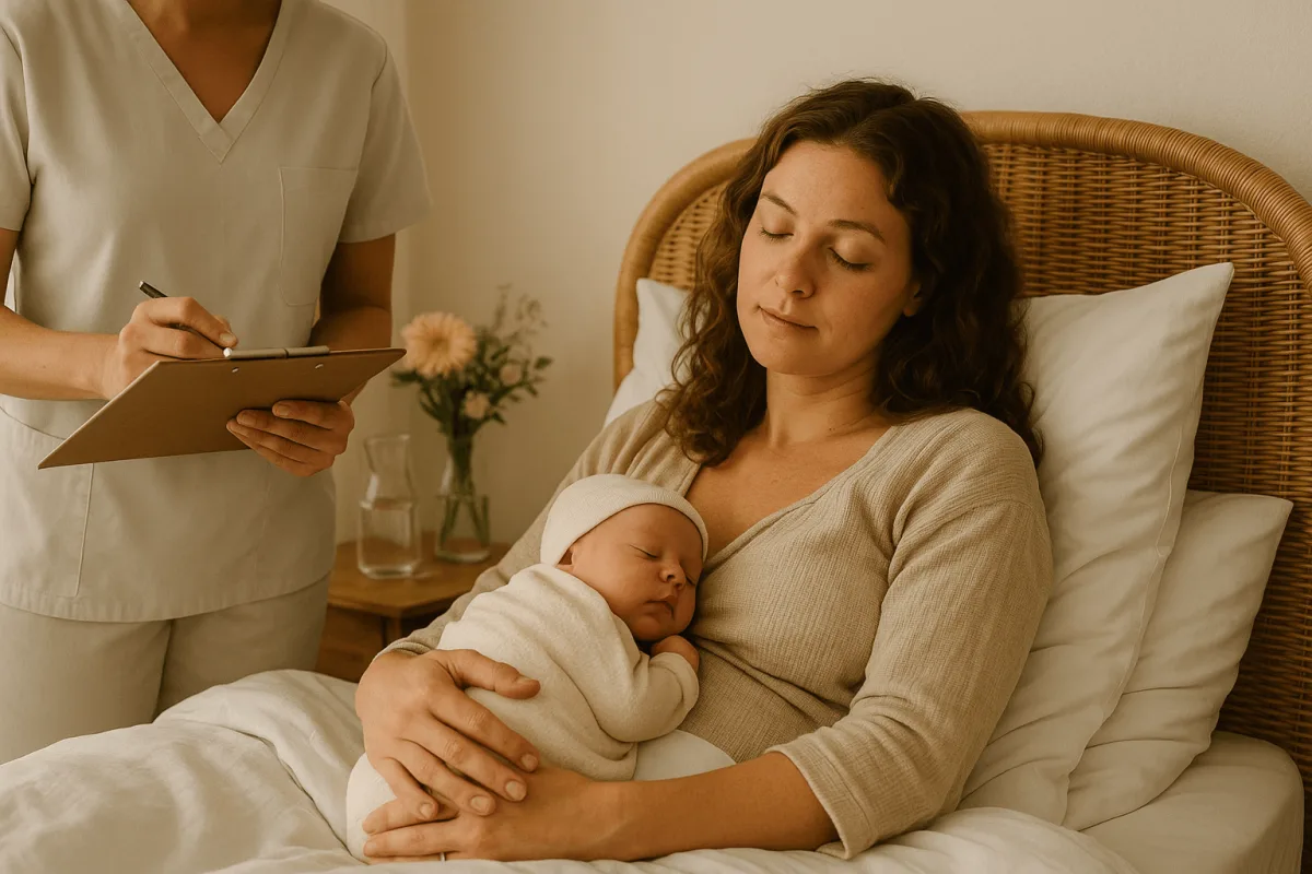 moeder rust in bed met pasgeboren baby kraamweek