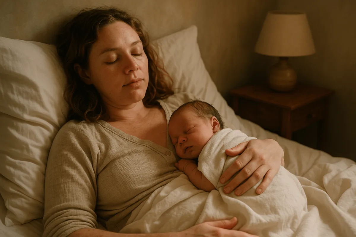 moeder rust uit in bed met pasgeboren baby na bevalling herstelperiode