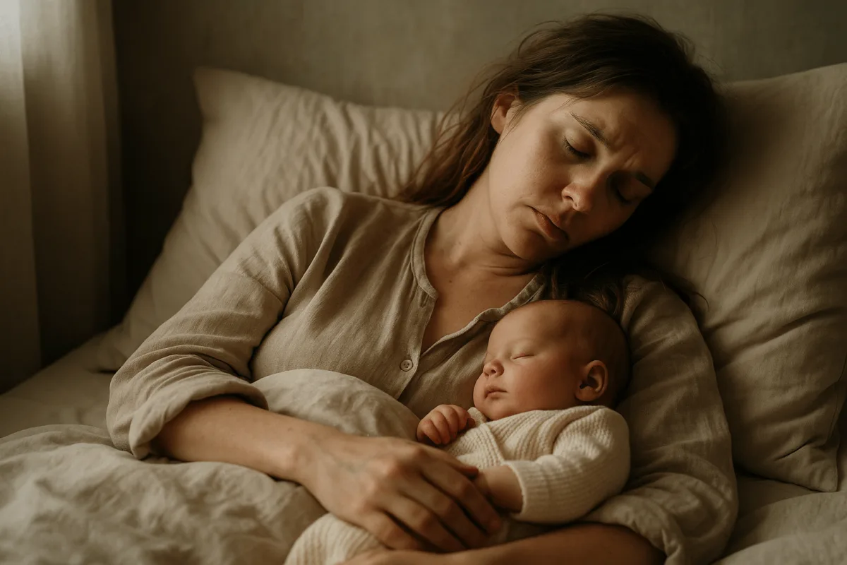moeder rust in bed met pasgeboren baby in de eerste weken na bevalling