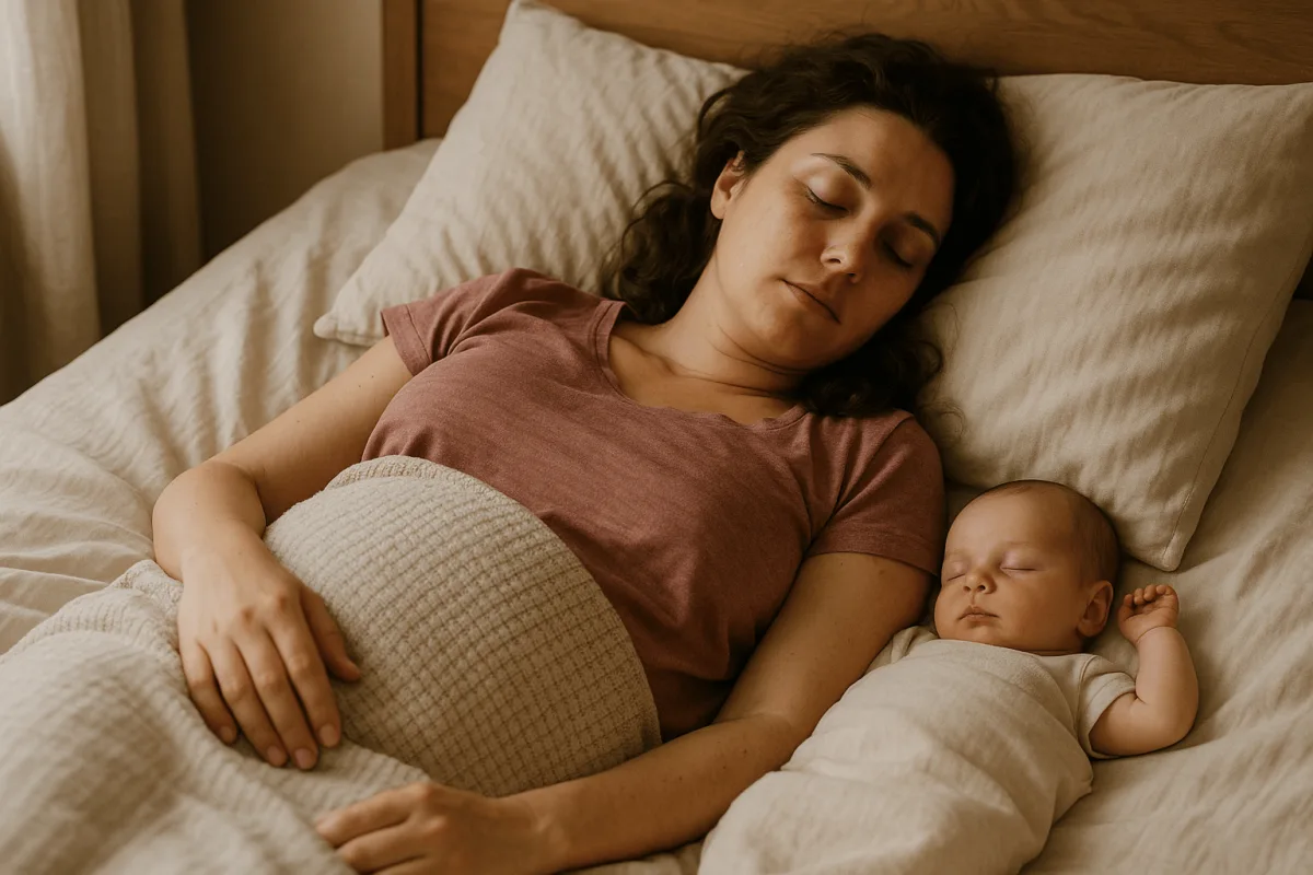 moeder rust uit in bed tijdens kraamtijd met slapende baby naast haar