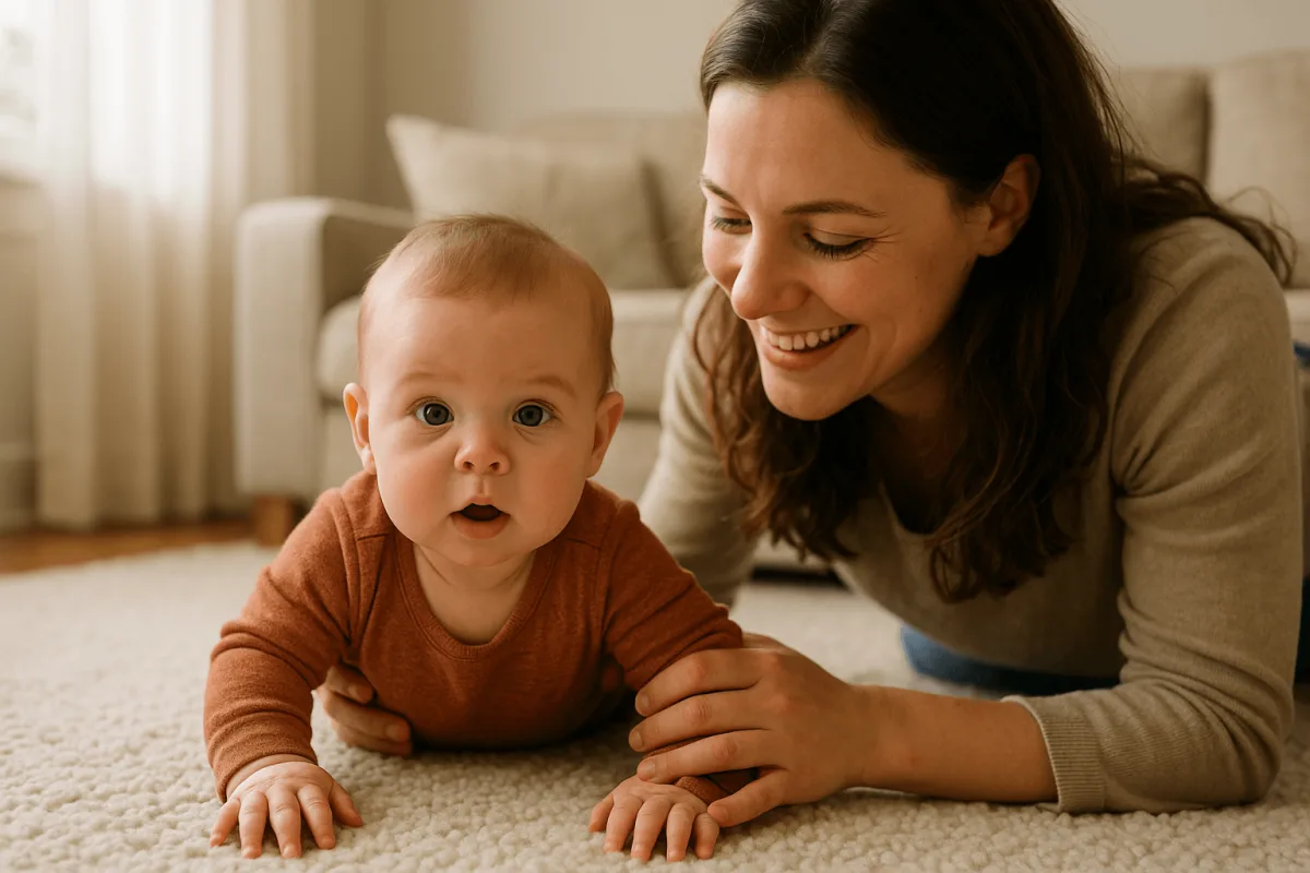 moeder speelt met baby op buik tijdens tummy time thuis