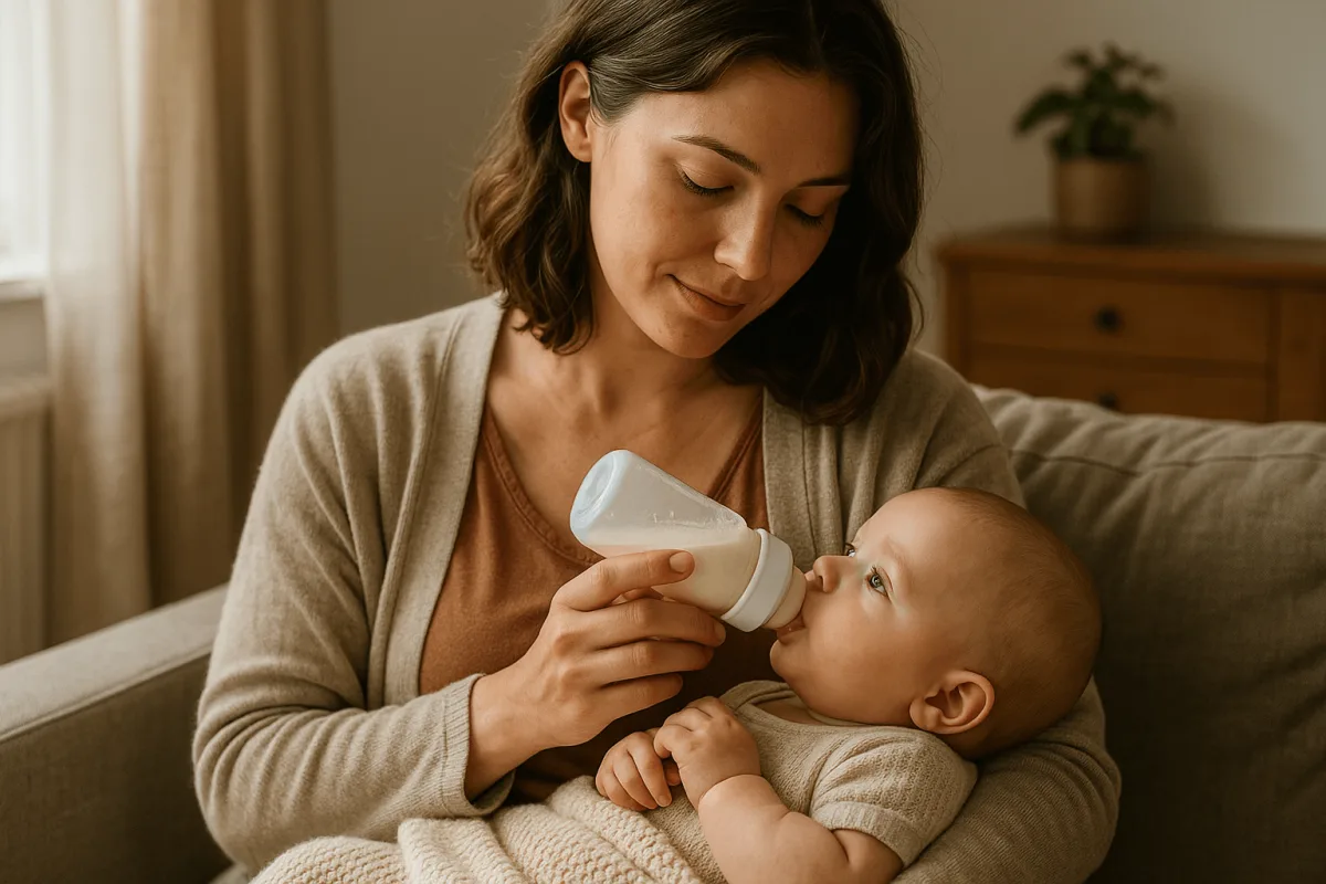 moeder speent baby van borstvoeding naar fles rustig thuis