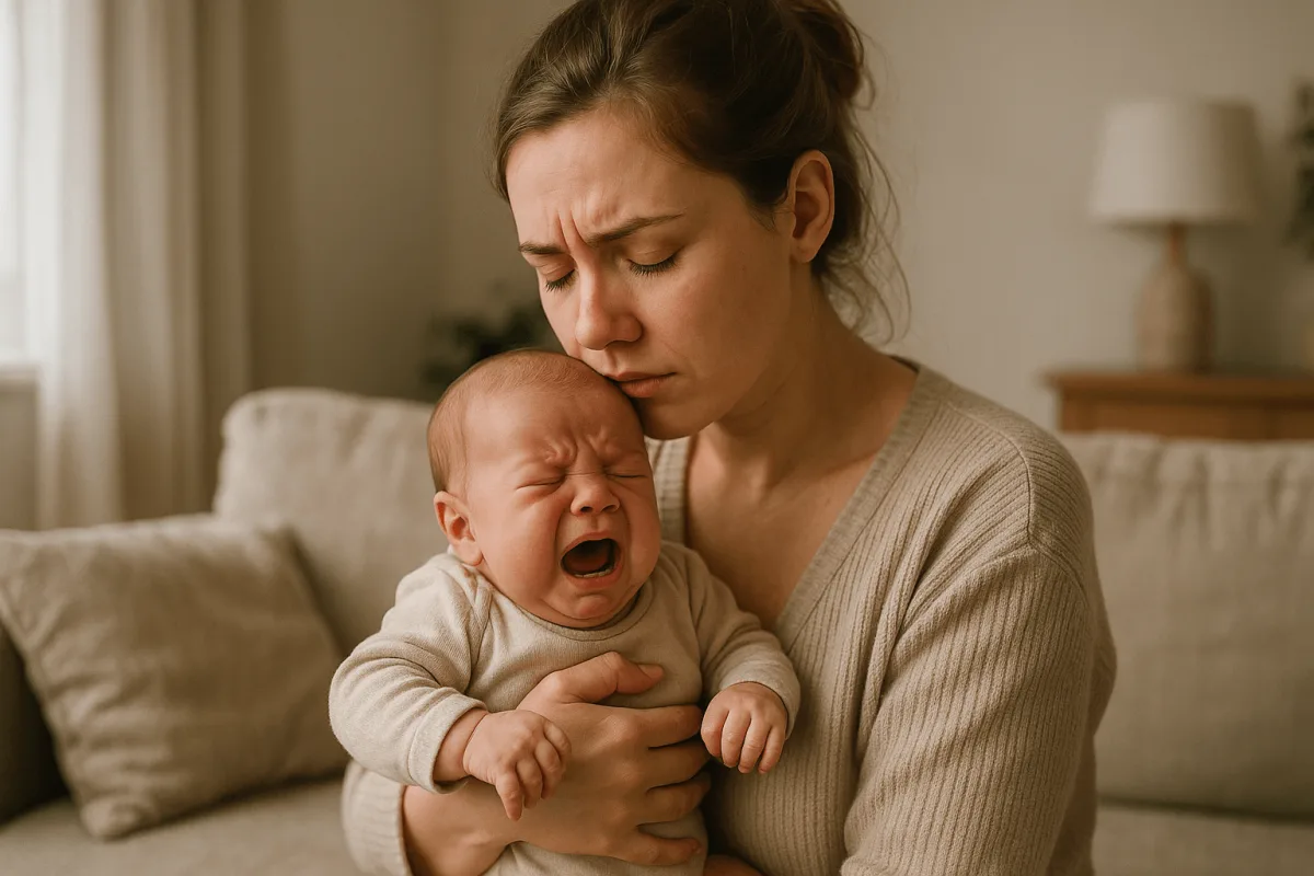 moeder sust huilende newborn constant koliek, rustige omgeving thuissituatie