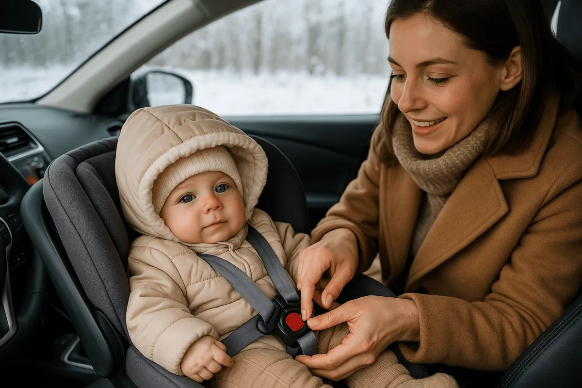 moeder verwarmde auto baby ingestapt veilig gordel winter