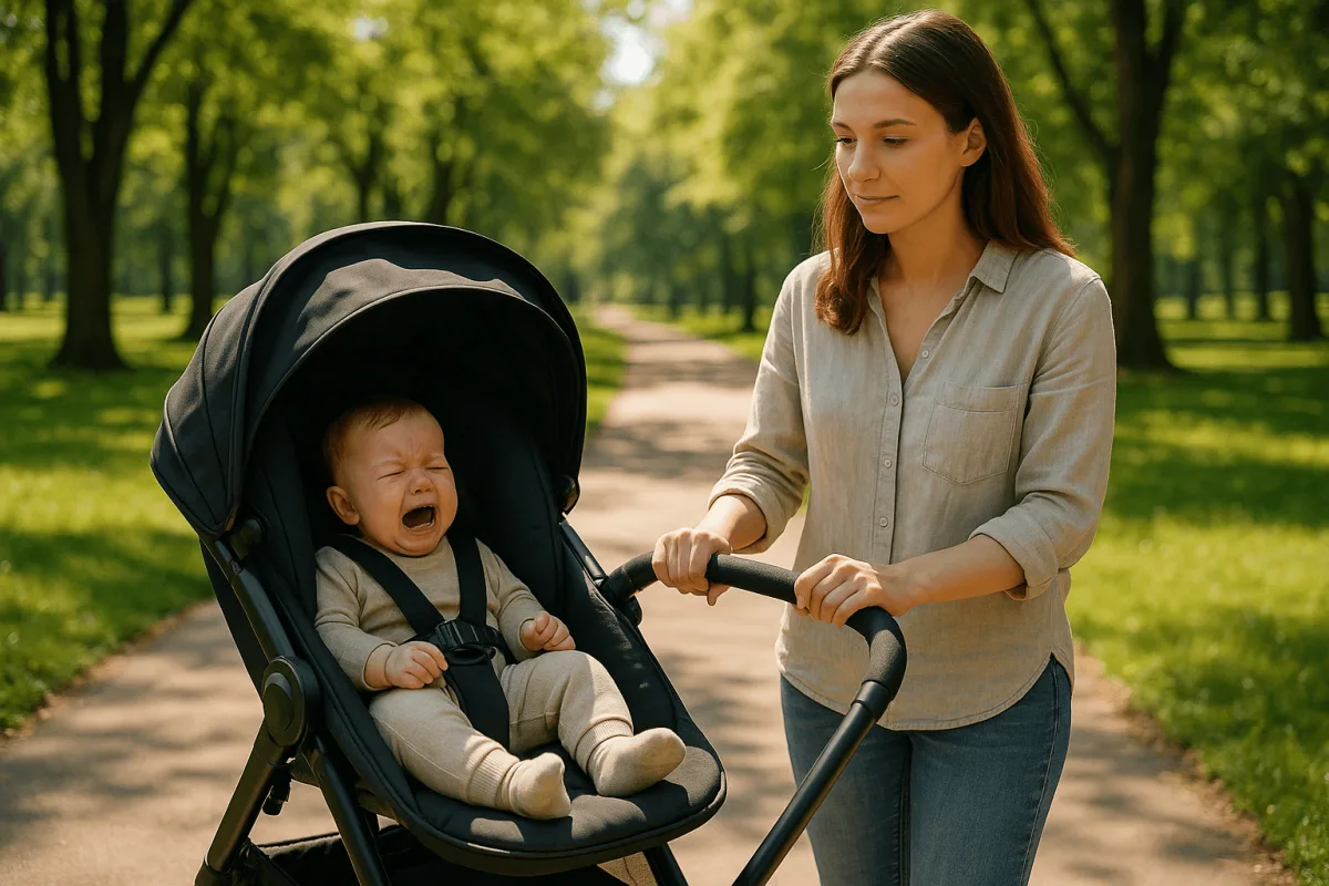 moeder wandelt rustig met kinderwagen in park zonnige dag