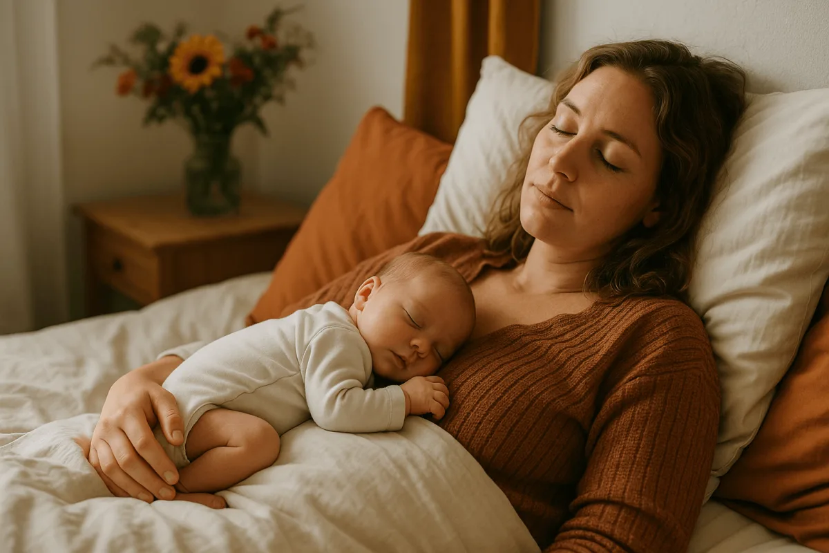 nieuwe moeder rust in bed met baby tijdens kraamtijd Nederland
