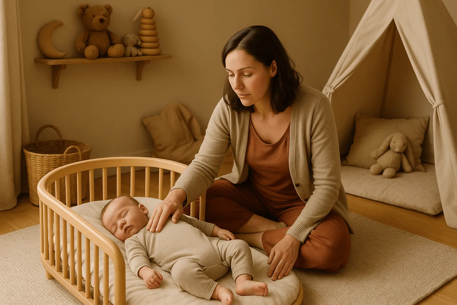 ouder en baby in rustige speelhoek voor dutjesroutine