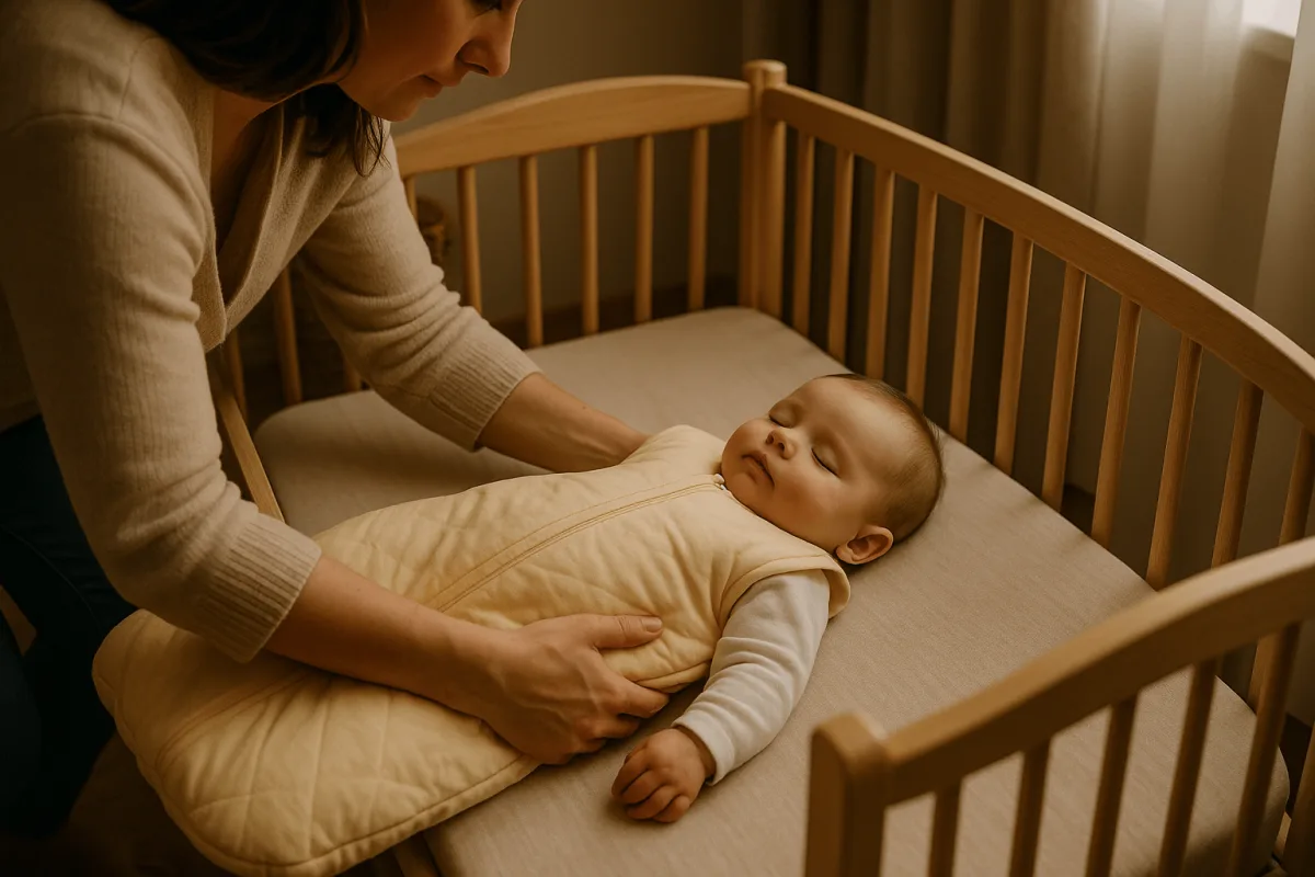 ouder die baby veilig in slaapzak legt in ledikant slaapkamer