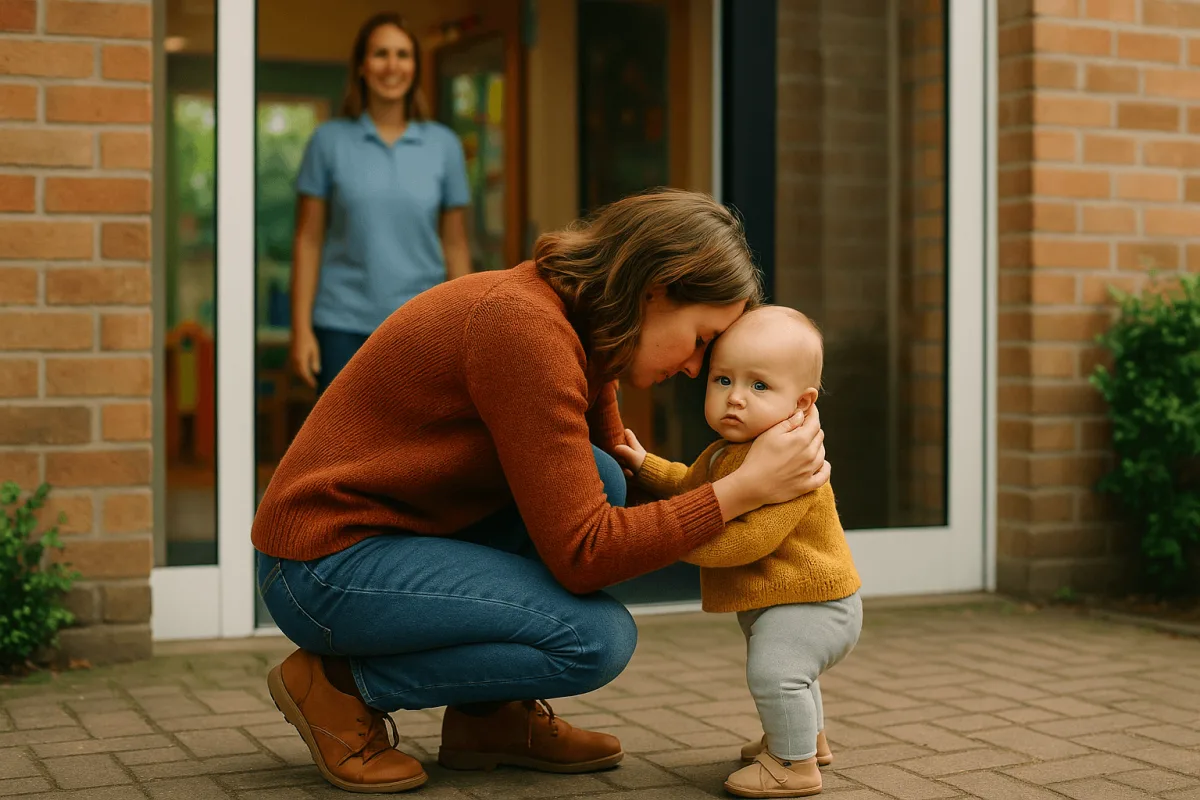 ouder neemt afscheid van baby bij kinderopvang entree