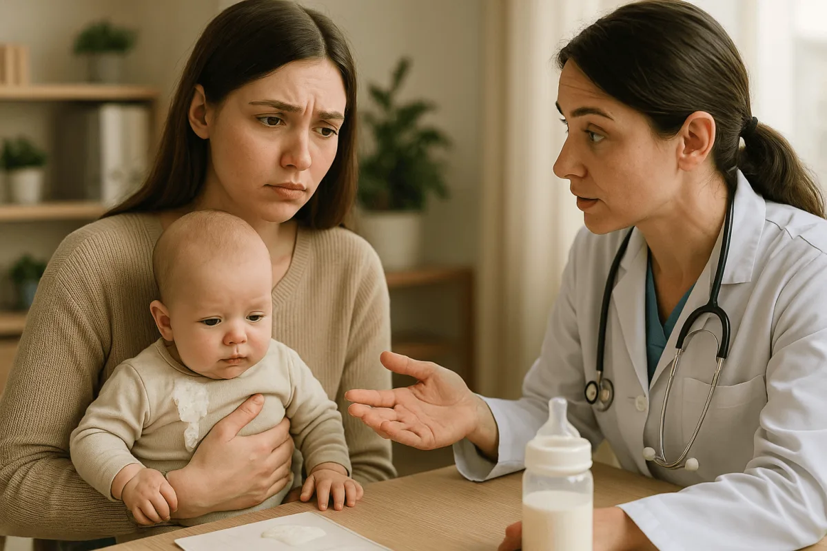 ouder overlegt met arts op consultatiebureau over baby voeding