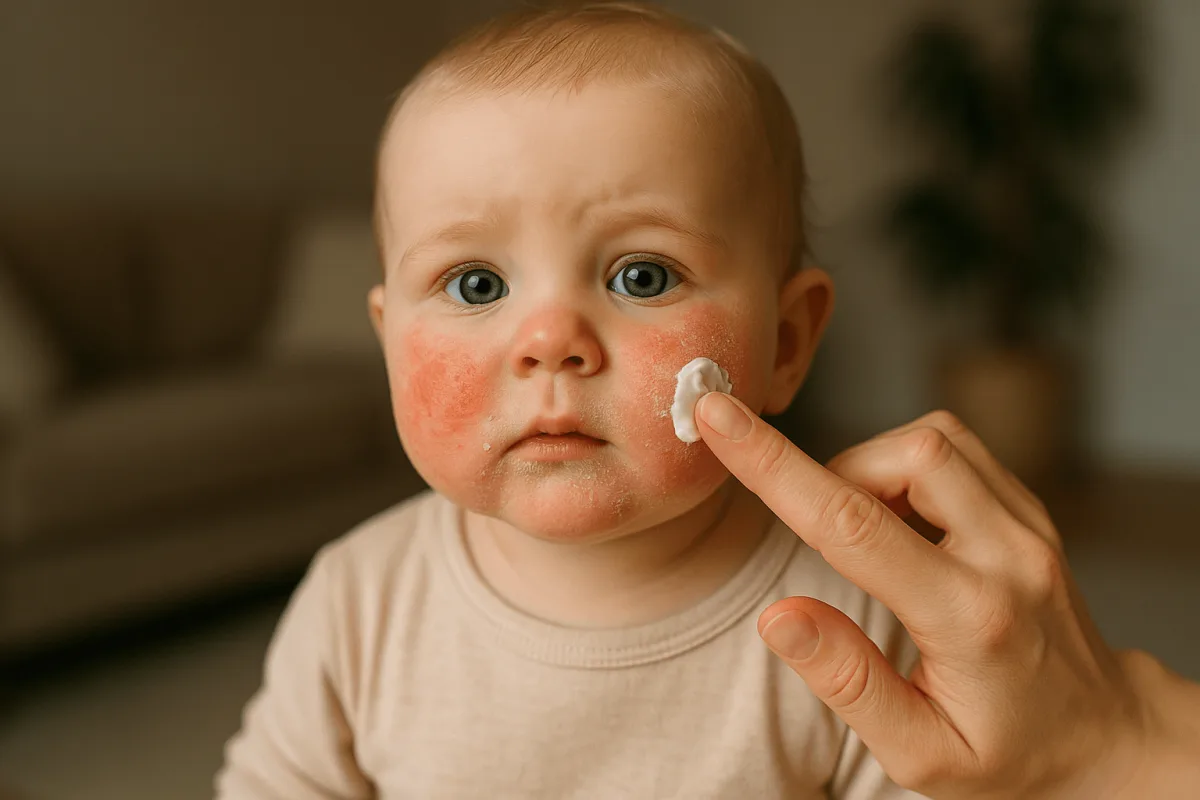 ouder smeert vochtcrème op gezicht van baby thuis