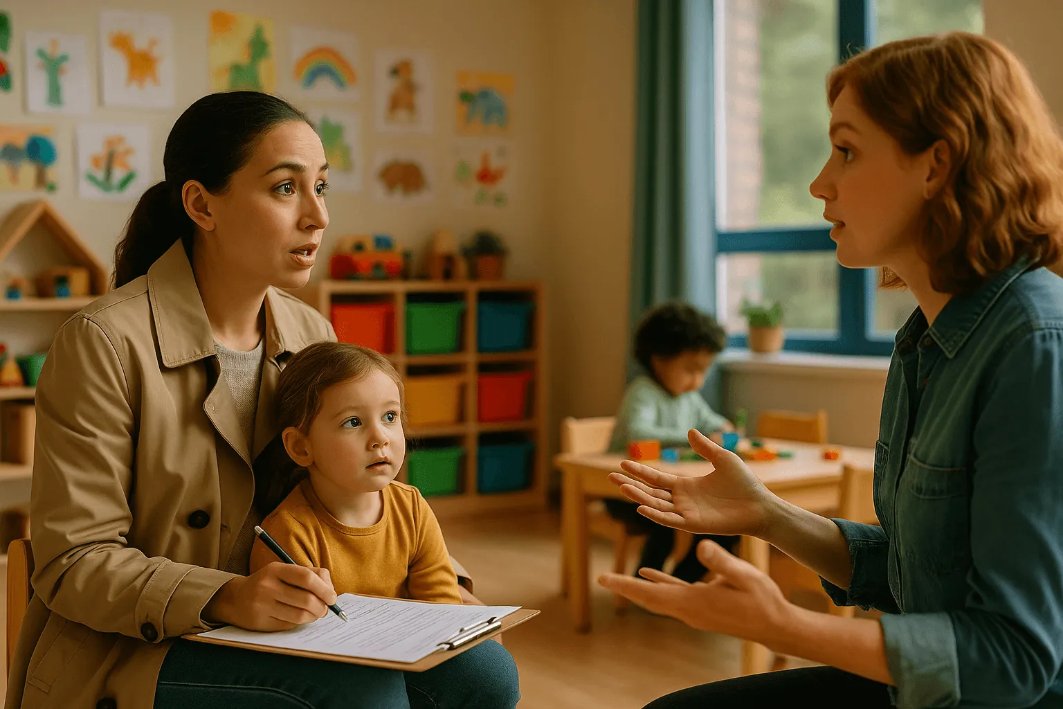 ouder die vragen stelt tijdens rondleiding kinderdagverblijf kiezen