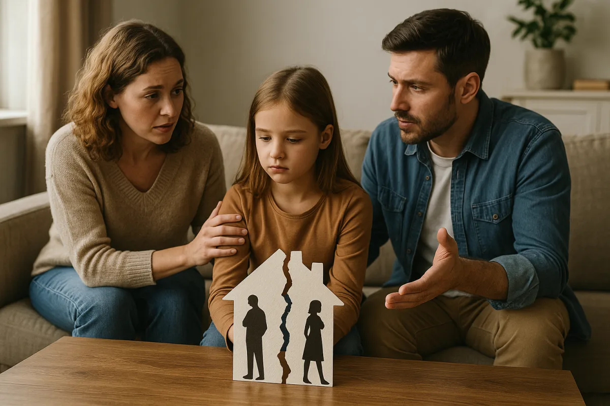 ouders en kind voeren een eerlijk gesprek over scheiden kinderen
