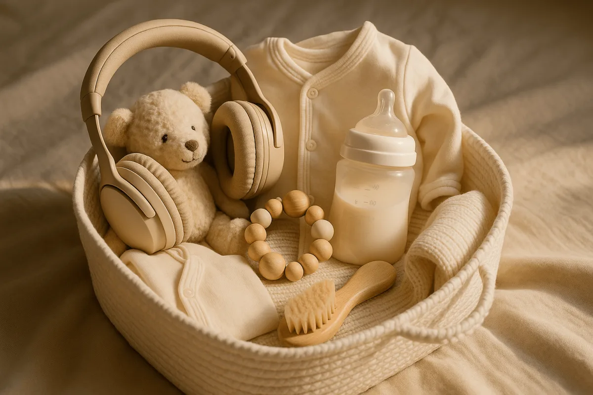 overzicht essentiële babyspullen eerste weken in witte mand