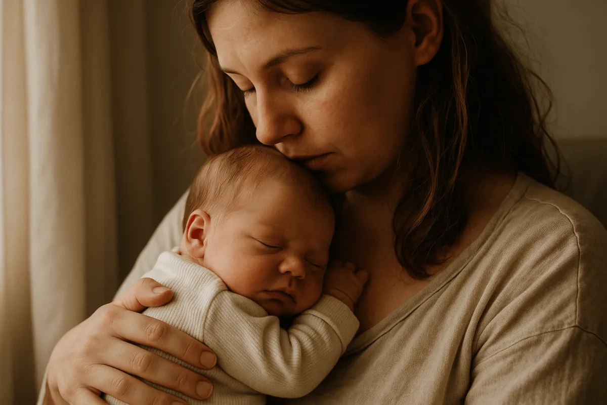 pasgeboren baby in armen van moeder tijdens eerste dagen postnatale periode