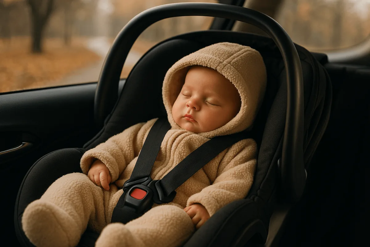 pasgeboren baby in fleece overall in autostoel november