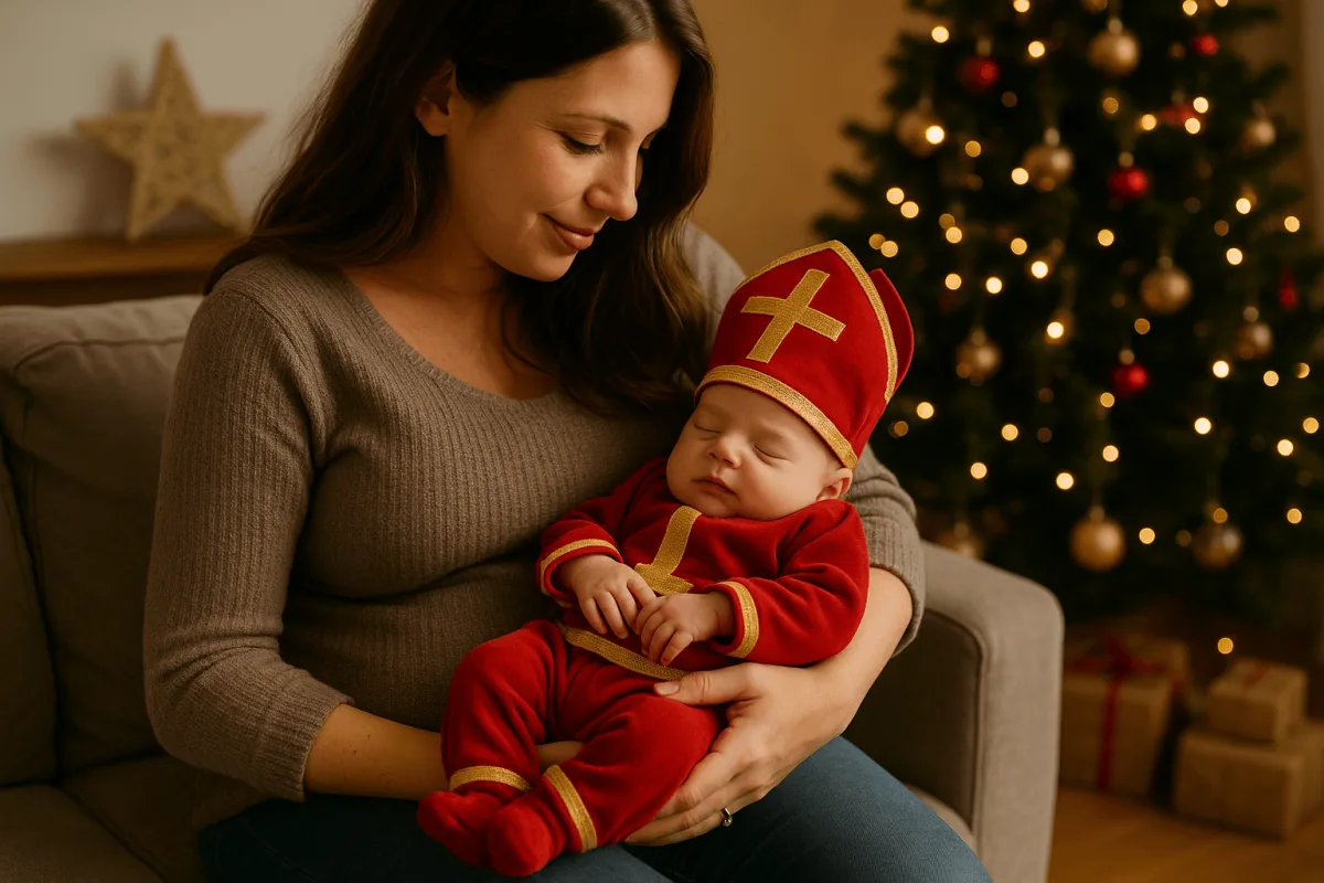 pasgeboren baby in Sinterklaas outfit op schoot van moeder thuis