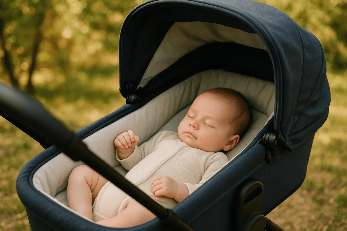 pasgeboren baby slaapt rustig in platliggende kinderwagen buiten