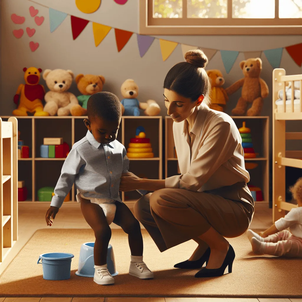 pedagogisch medewerker helpt peuter bij potje op peuterspeelzaal