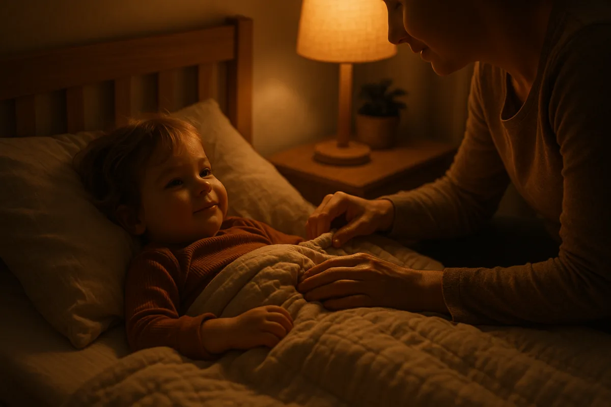 peuter bedtijd routine met ouder die kind insstopt in bed, warme sfeer