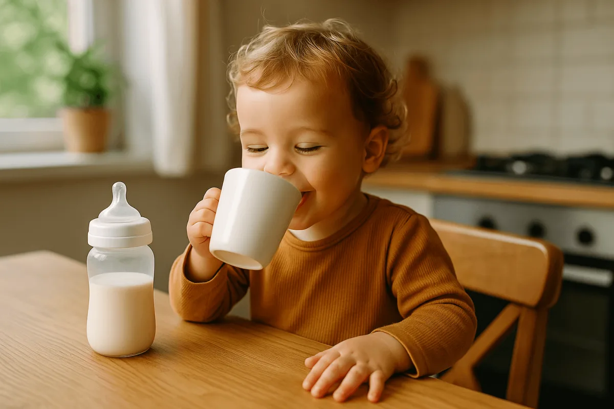 peuter drinkt beker melk aan keukentafel vrolijk