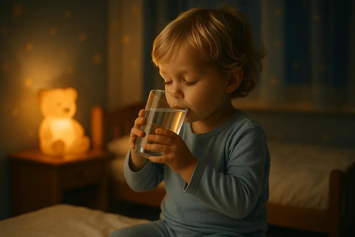 peuter drinkt glas water voor het slapengaan op kinderkamer