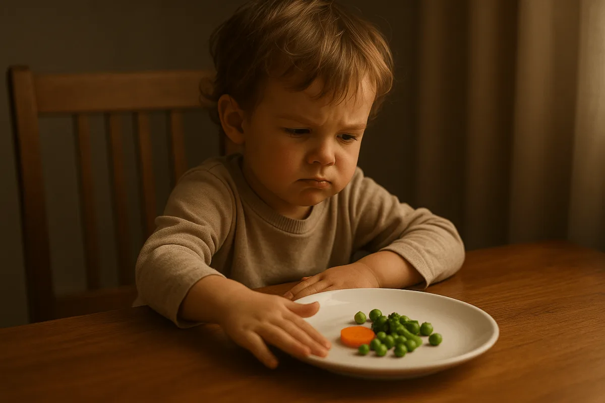 peuter duwt bord weg aan eettafel, mijn kind bijna niks