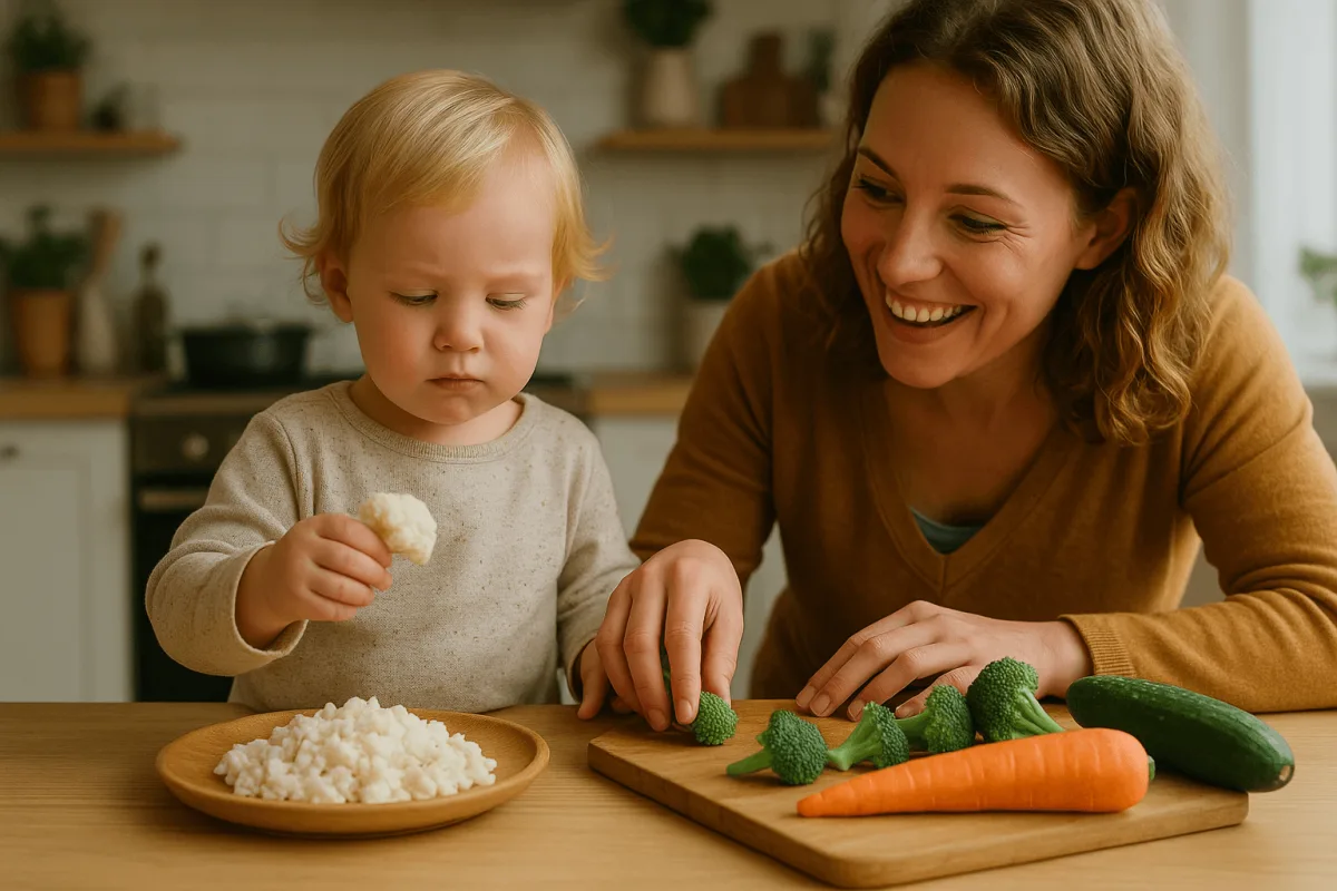 peuter groenten aanraken keuken samen koken vrolijk
