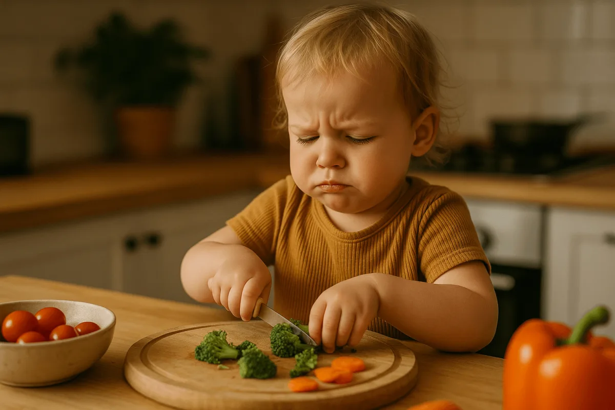 peuter helpt mee koken in keuken, groenten snijden