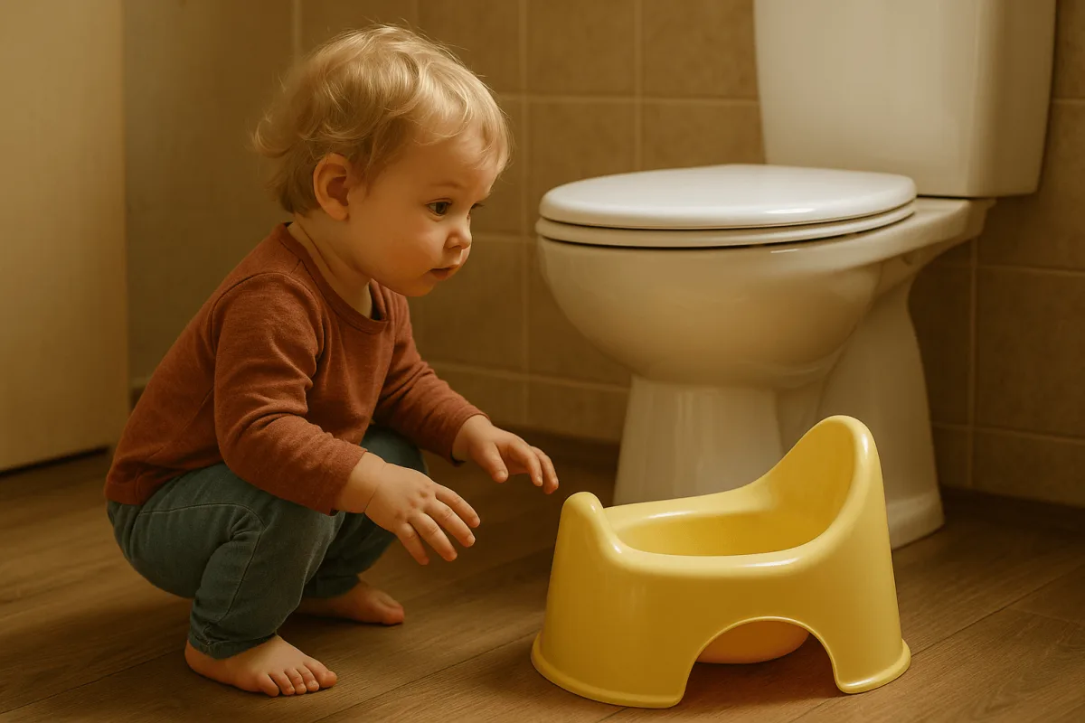 peuter die interesse toont in het potje naast het toilet
