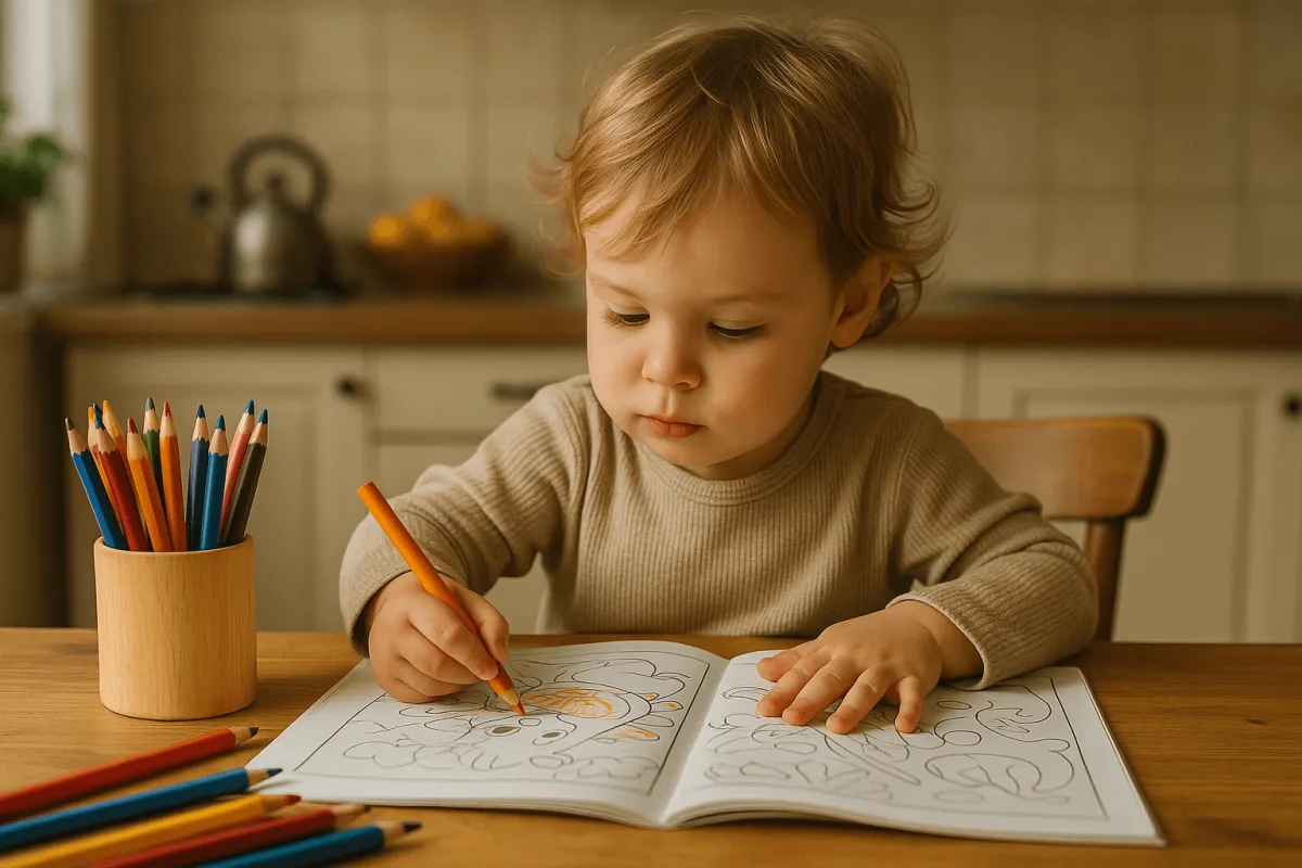 peuter met kleurpotloden en kleurboek aan keukentafel