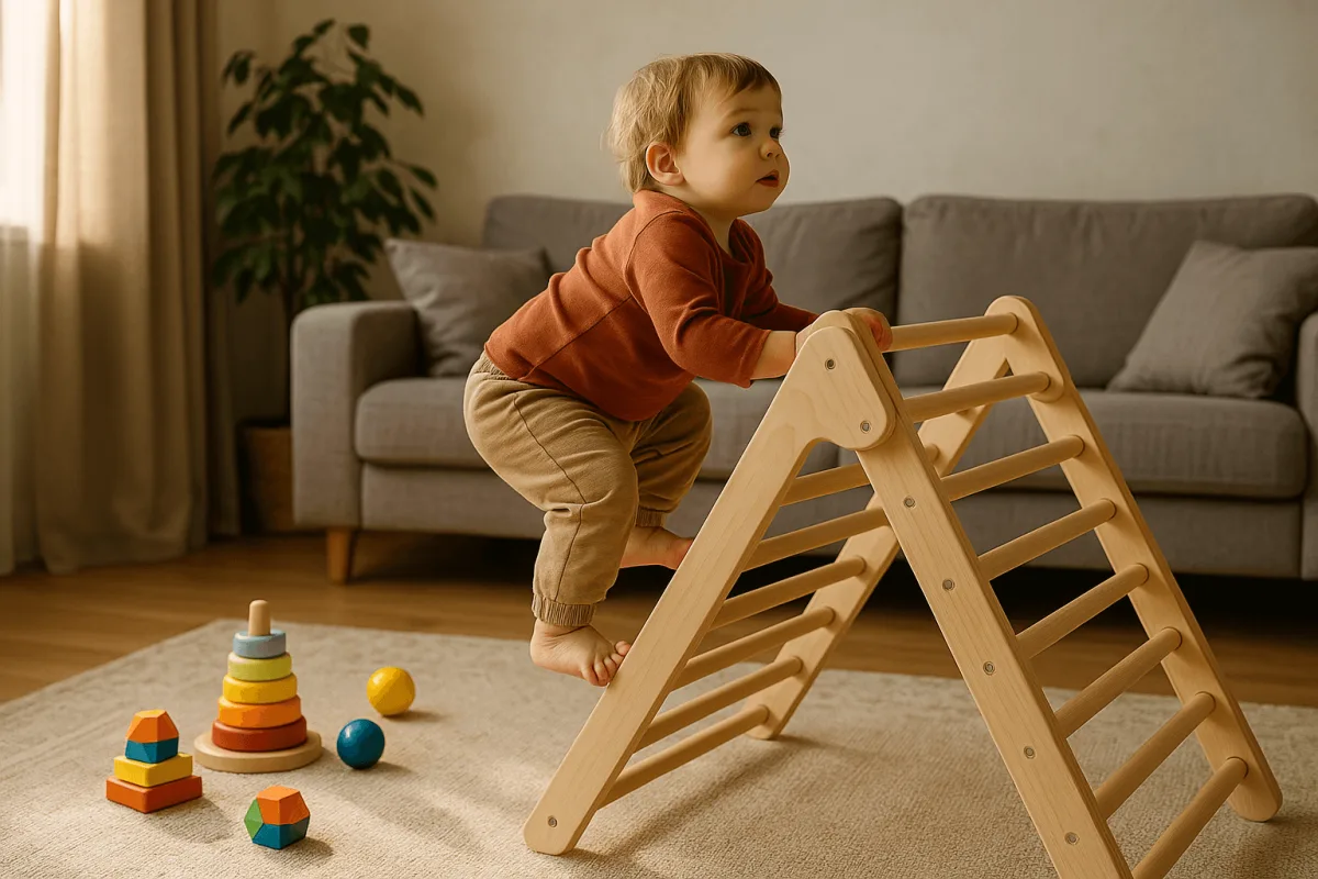 peuter klimt op houten Pikler driehoek in woonkamer